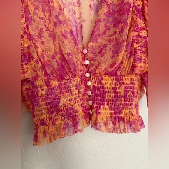 Free People Sugar Top in Hot Tropics Women’s Medium Crop Mesh Blouse - Picture 5 of 7